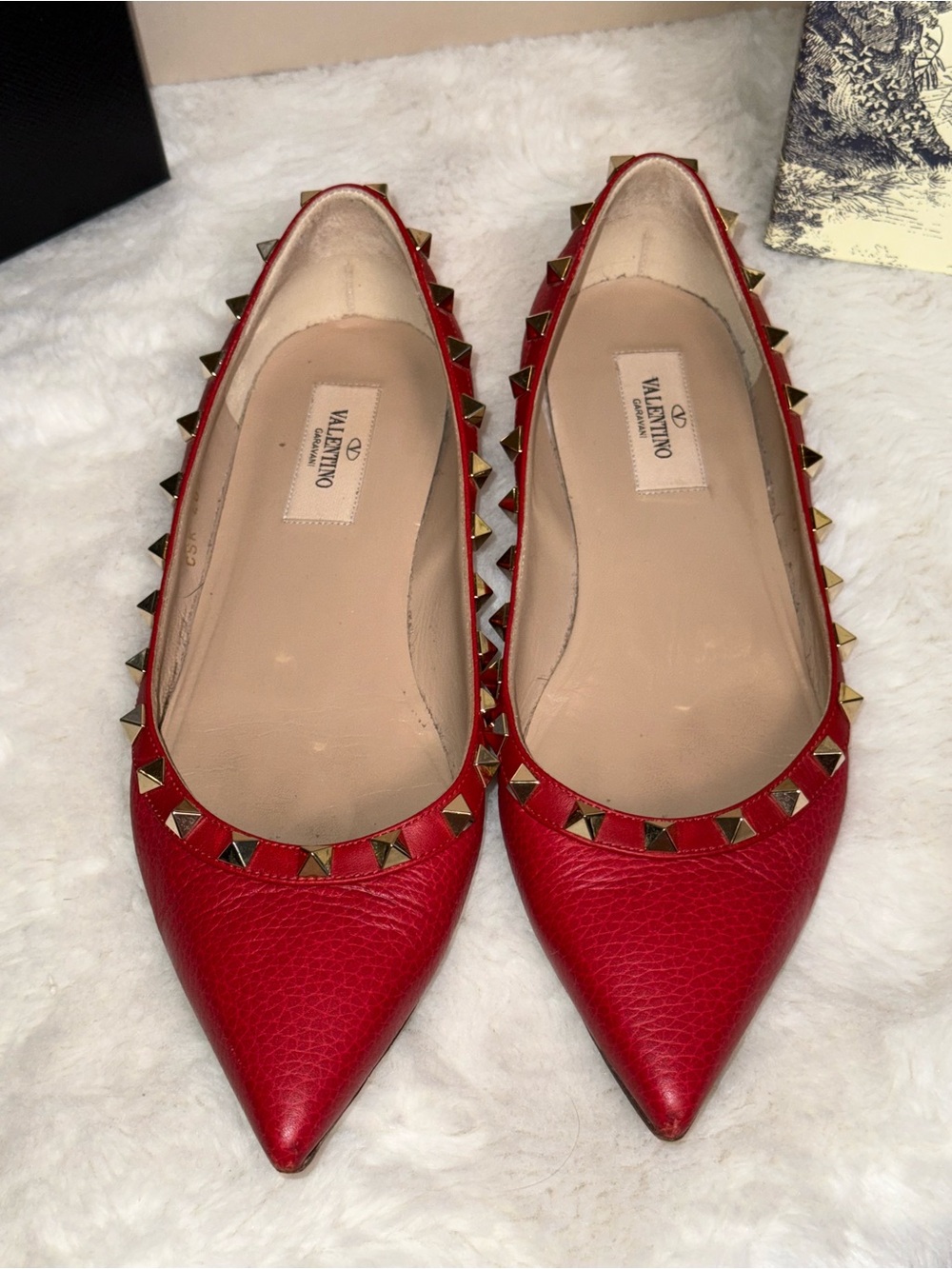 Authentic Valentino Garavani Rockstud Red Leather Point Flats Shoes GUC SmCut 37 - Picture 3 of 16